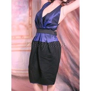 $2295 NWT DONNA KARAN COLLECTION Midnight Blue Taffeta Black Wool Belted Dress 4